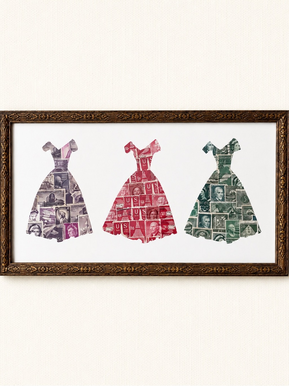 Three Dress Silhouette stamp art in vintage frame Purple, Red, Green